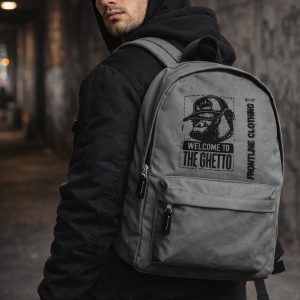 Frontline Clothing Grey Rucksack – Welcome to the Ghetto Print
