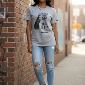 Frontline Clothing Grey T-Shirt – Hustle Like a Boss Live Like a Queen Print
